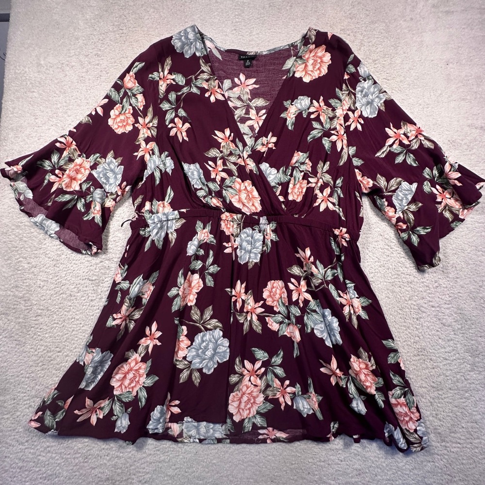 Torrid Floral Print Dress Faux Wrap Bell Sleeve Burgundy Plus Size‎ 2 Boho